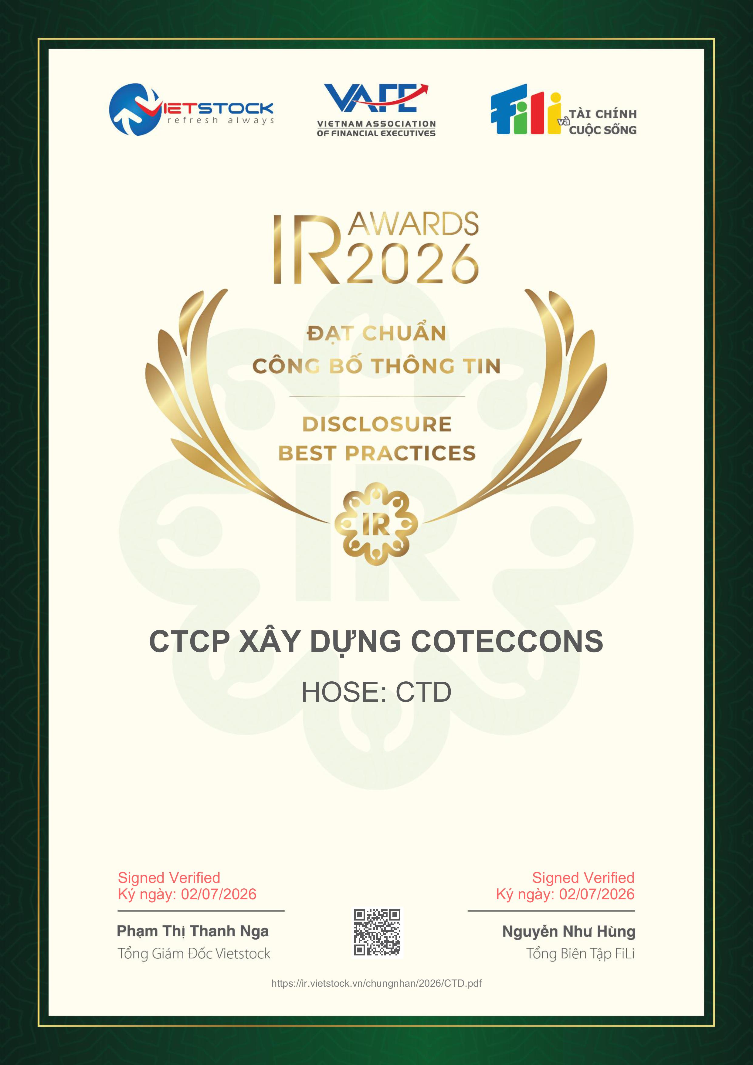 COTECCONS NĂM THỨ 6 LIÊN TIẾP ĐẠT CHUẨN CÔNG BỐ THÔNG TIN 2026