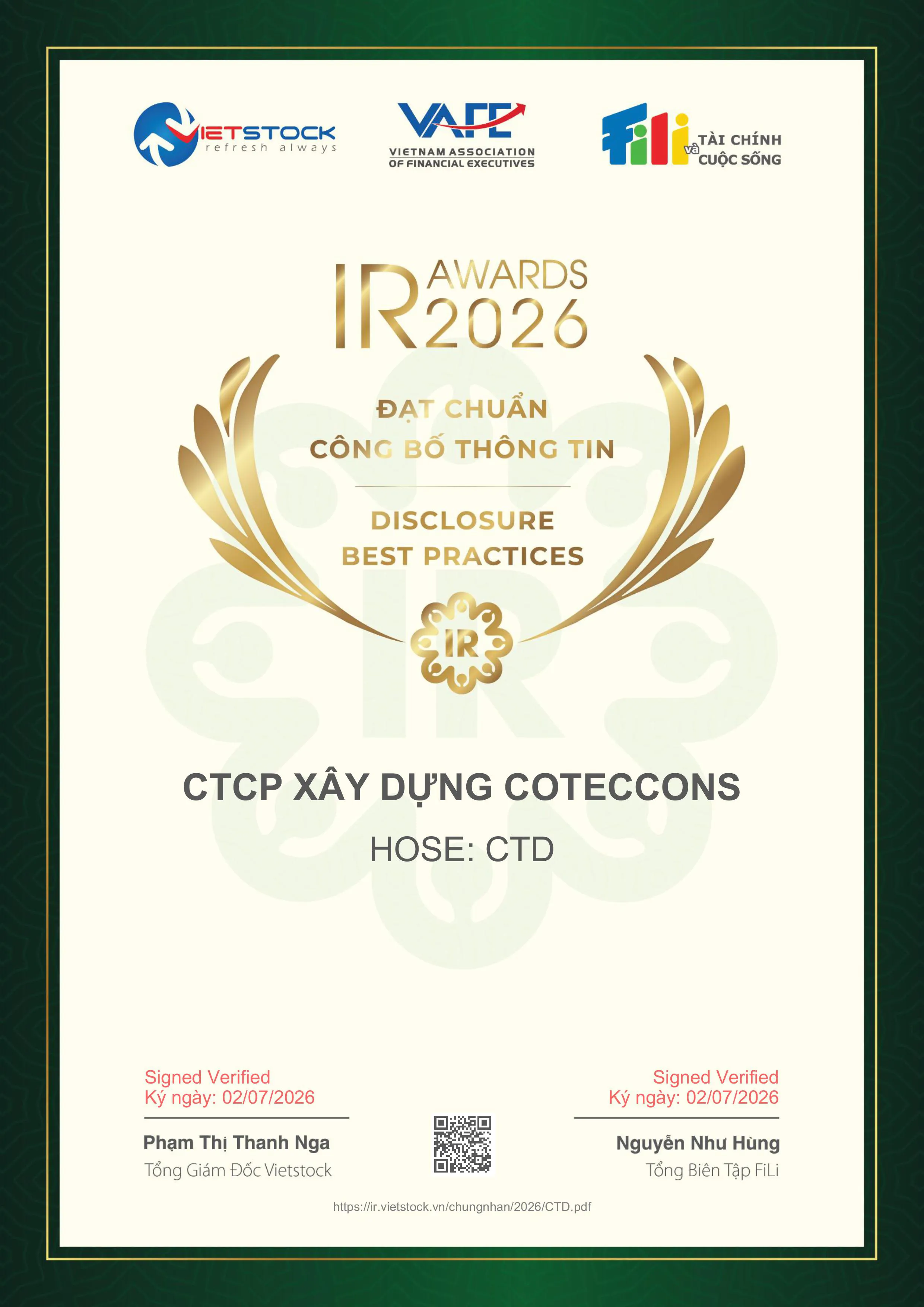 COTECCONS NĂM THỨ 6 LIÊN TIẾP ĐẠT CHUẨN CÔNG BỐ THÔNG TIN 2026